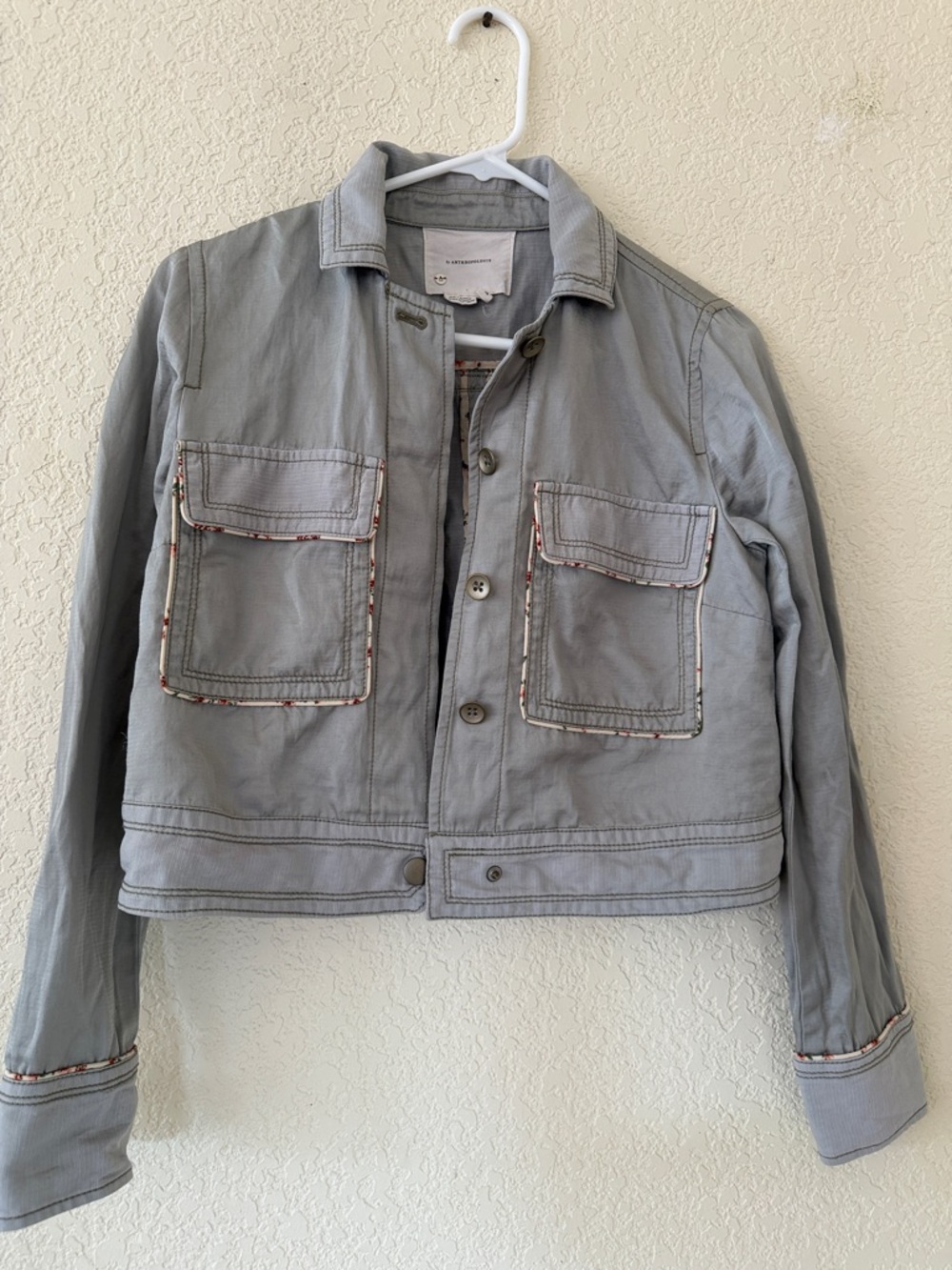 Cropped Anthropologie Linen Blend Jacket with Floral Trim